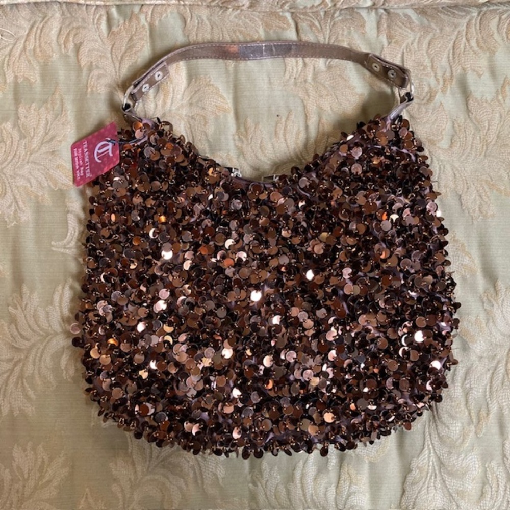 SASSI CINDI trendsetter purse, brown sequins and beads, NWT, zipper closure#7659